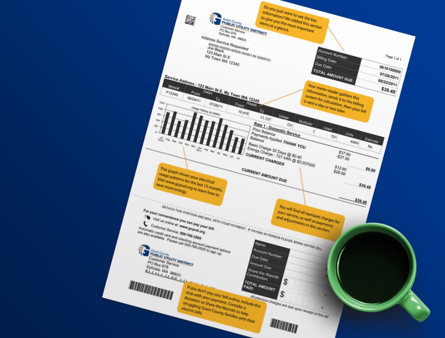 Grant PUD bill on table with coffee cup