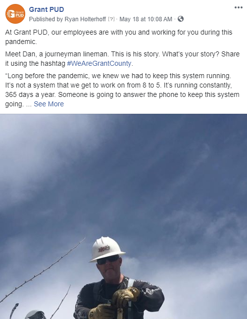 Click here to see our facebook post featuring Dan, a journeyman lineman at Grant PUD.