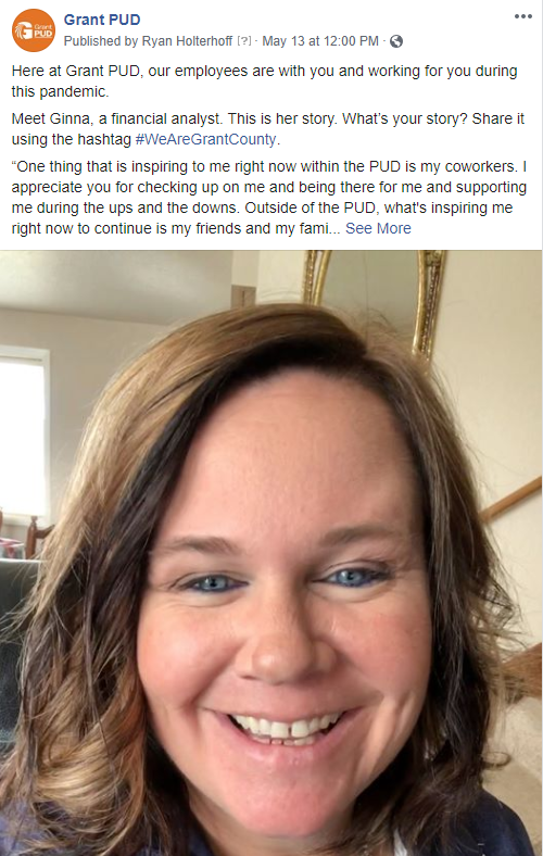 Click here to see our facebook post featuring Ginna, a financial analyst at Grant PUD.