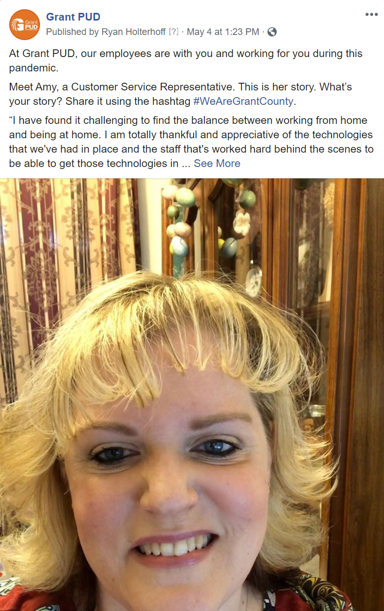 Click here to see our facebook post featuring Amy, a Customer Service Representative at Grant PUD.