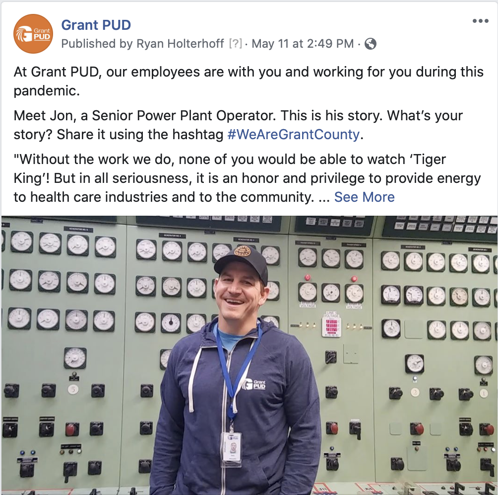 Click here to see our facebook post featuring Jon, a Senior Power Plant Operator at Grant PUD.